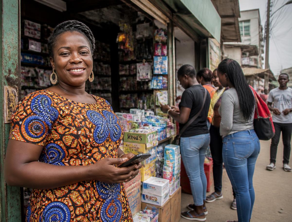 African shop owner standing in front of her store holding a smartphone while customers browse