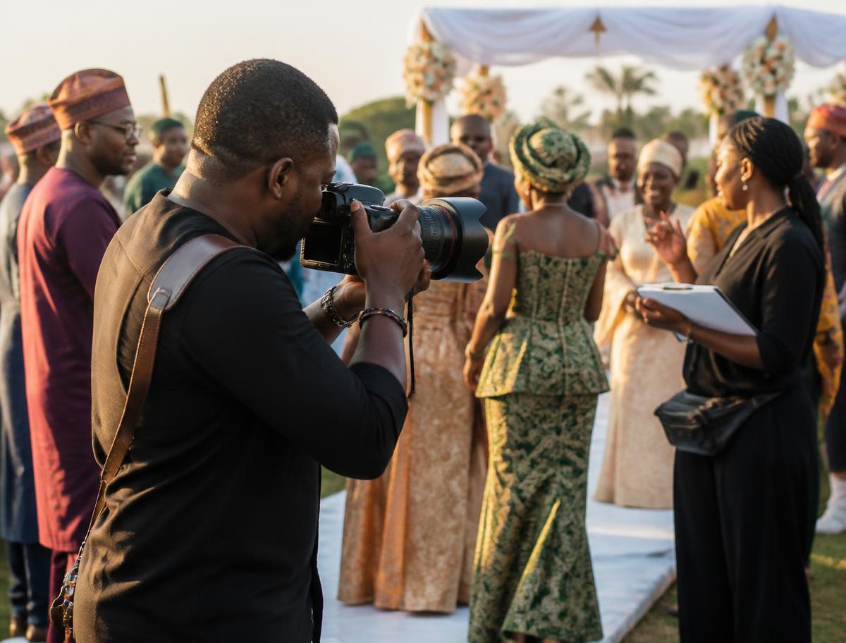 Photographer shooting an African wedding while an event planner coordinates guests