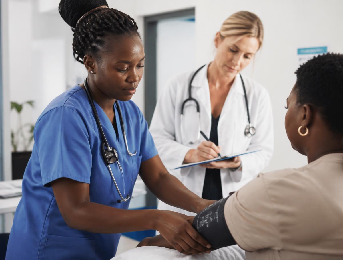African nurse checking a patient's blood pressure while a doctor records notes in a clinic