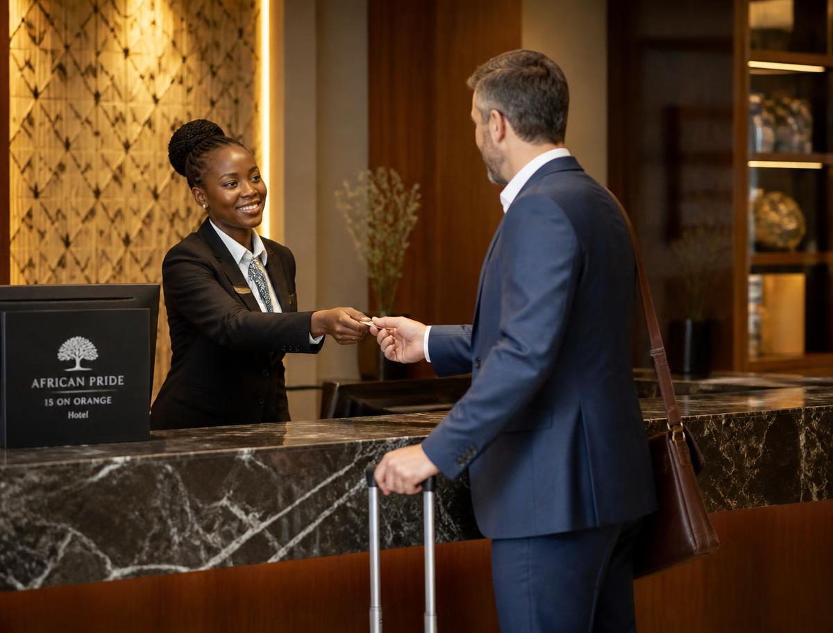 Hotel receptionist welcoming a business traveller at a modern hotel front desk