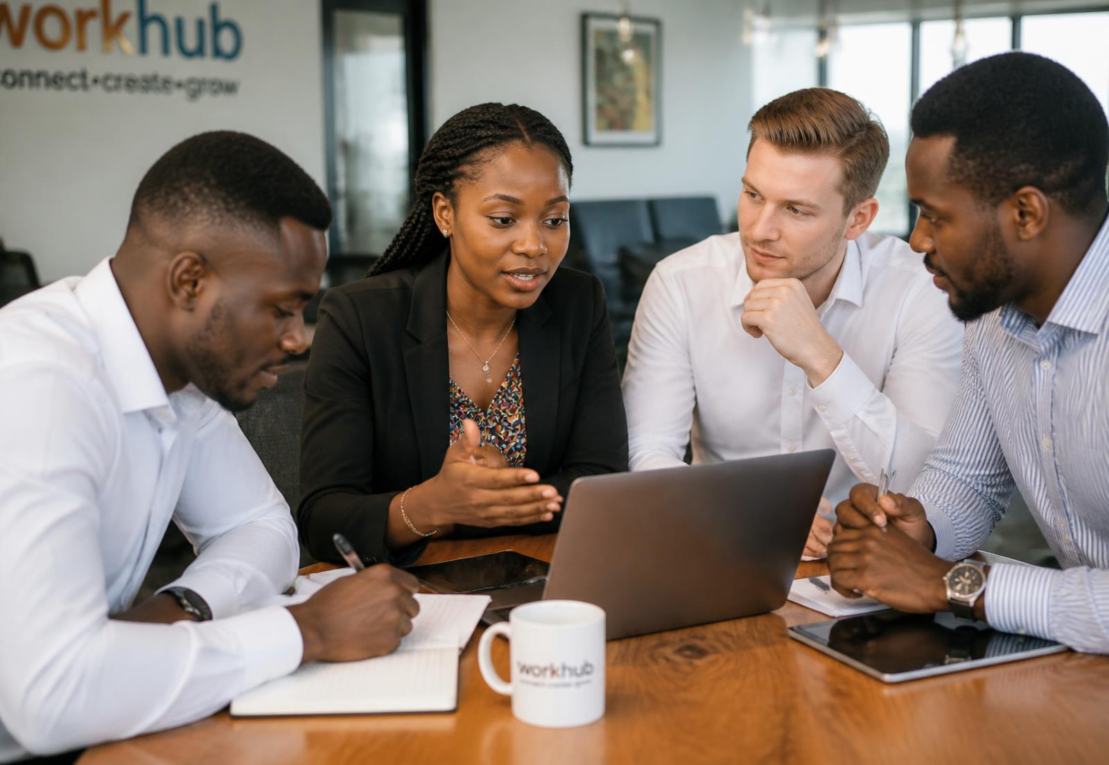 African and European professionals reviewing work together on a laptop in a modern office