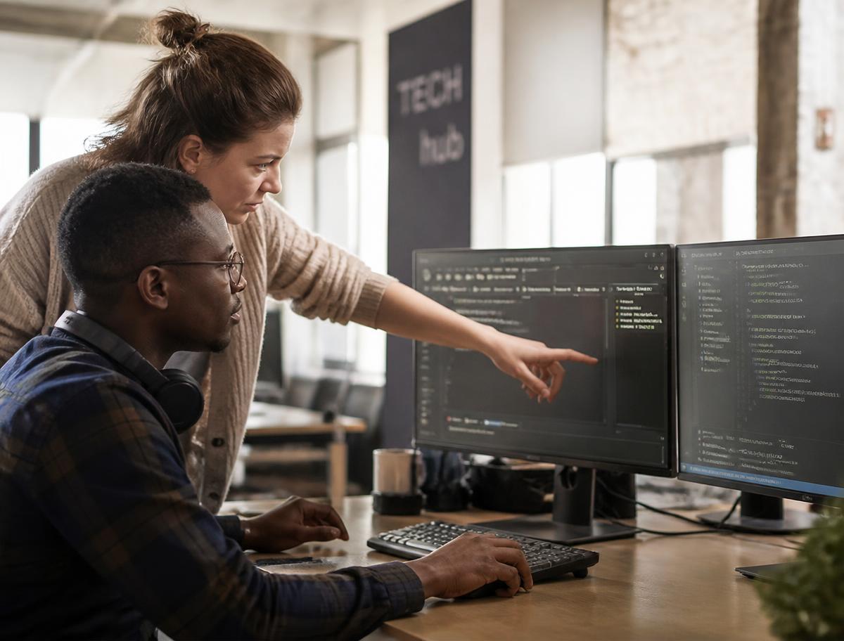 Software developer and product manager working together at a tech hub