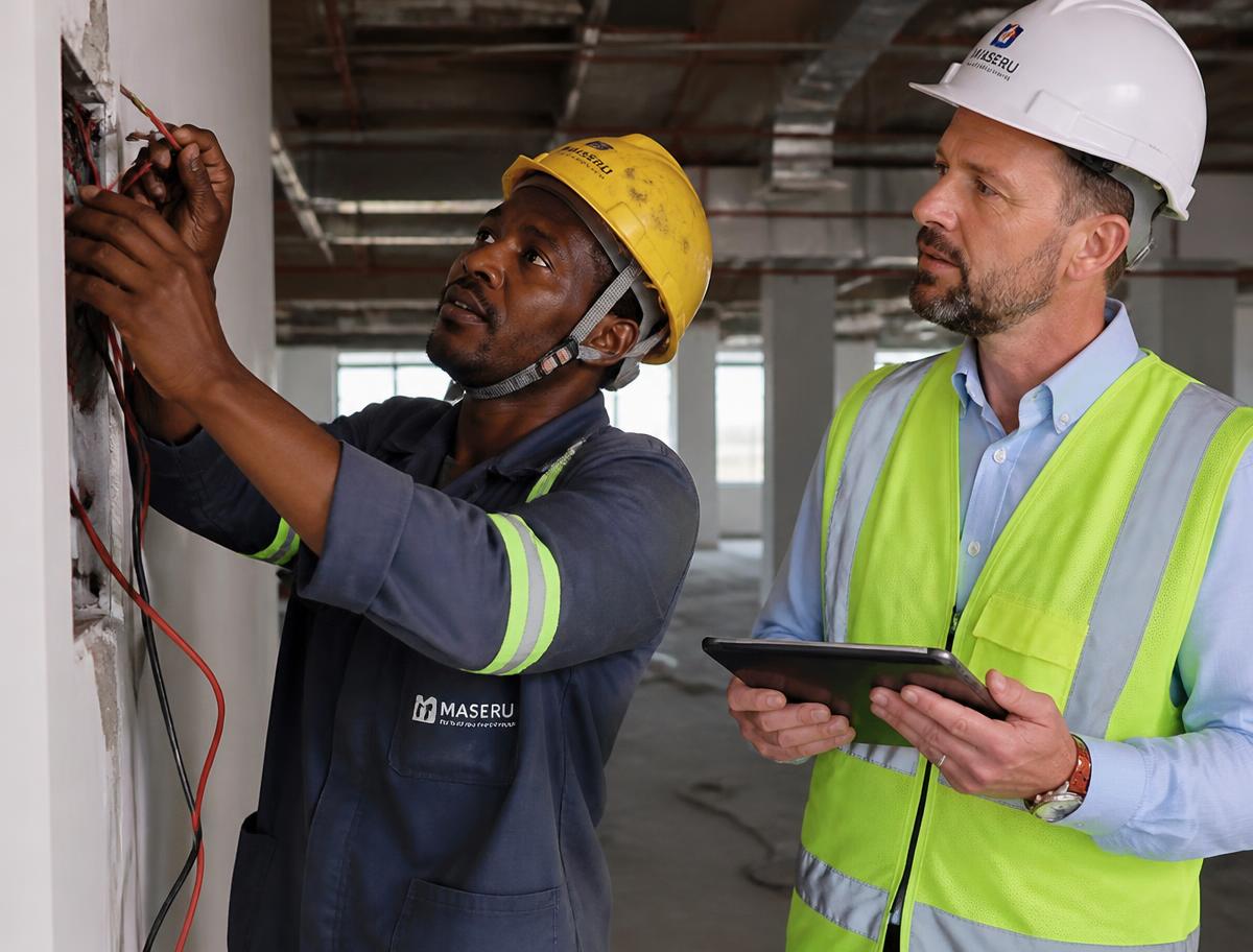 African electrician wiring a building while a site engineer reviews the work on a tablet